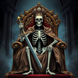 A full-view illustration of a regal skeletal king seated majestically on an ornate throne