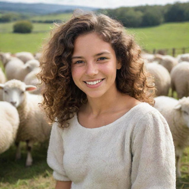 A happy Dominican girl with wavy, shoulder-length brown hair, enjoying a day on a bustling farm, filled with fluffy sheep and watchful shepherds draped in pastoral serenity