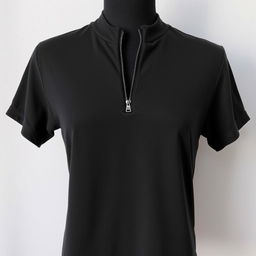 A black zipper neck t-shirt displayed against a simple, uncluttered background