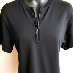 A black zipper neck t-shirt displayed against a simple, uncluttered background