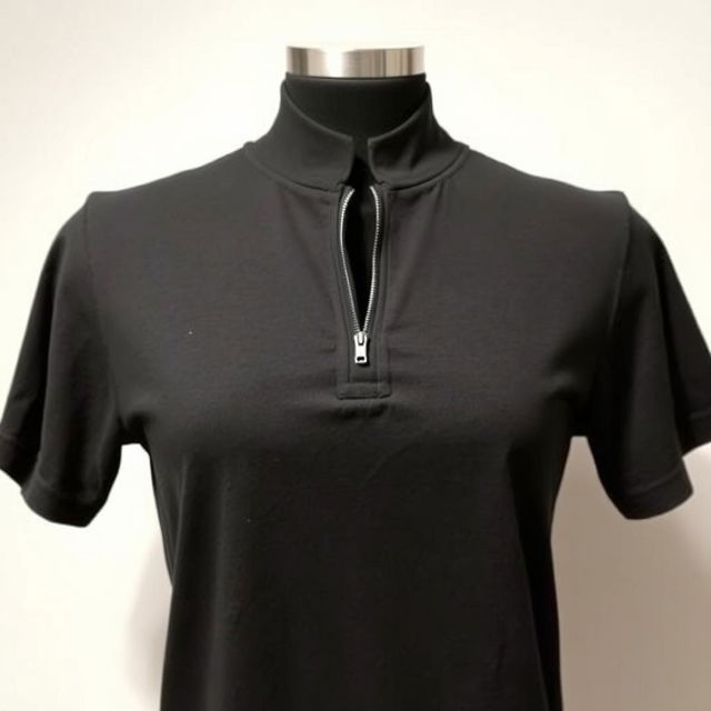 A black zipper neck t-shirt displayed against a simple, uncluttered background