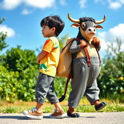 A whimsical scene featuring a 9-year-old boy with black hair, wearing a colorful t-shirt, casual pants, and stylish sneakers