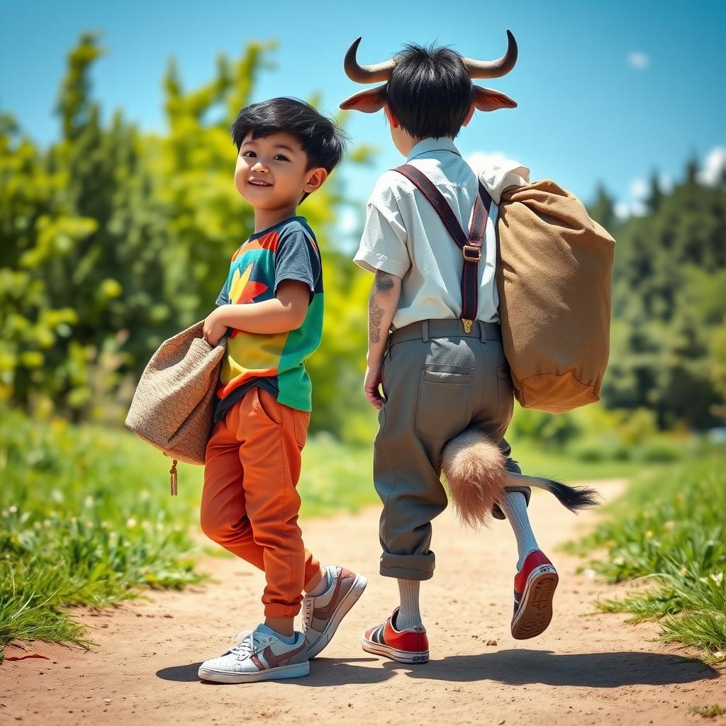 A whimsical scene featuring a 9-year-old boy with black hair, wearing a colorful t-shirt, casual pants, and stylish sneakers