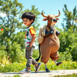 A whimsical scene featuring a 9-year-old boy with black hair, wearing a colorful t-shirt, casual pants, and stylish sneakers