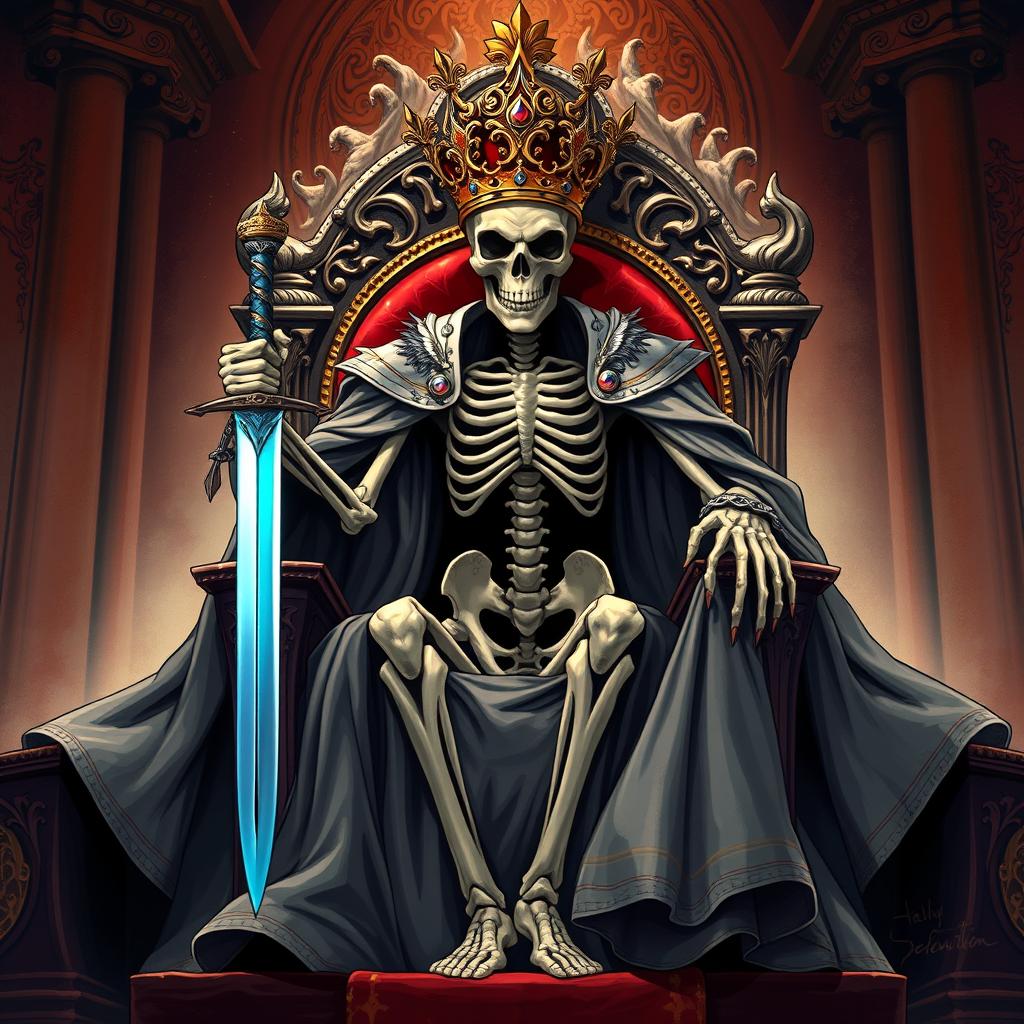 A full view illustration of a regal skeletal king with an ornate crown seated on a magnificent throne