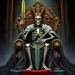 A full view illustration of a regal skeletal king with an ornate crown seated on a magnificent throne