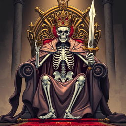 A full view illustration of a regal skeletal king with an ornate crown seated on a magnificent throne