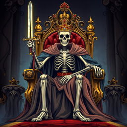 A full view illustration of a regal skeletal king with an ornate crown seated on a magnificent throne