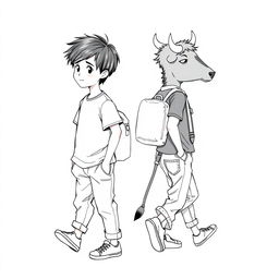 A charming black and white drawing depicting a 9-year-old boy with black hair, dressed in a simple t-shirt, casual pants, and sneakers