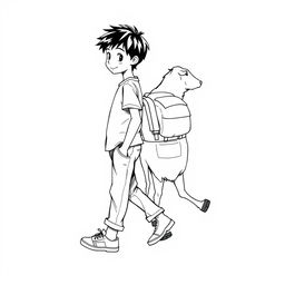 A charming black and white drawing depicting a 9-year-old boy with black hair, dressed in a simple t-shirt, casual pants, and sneakers