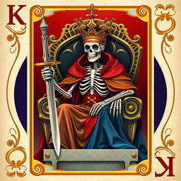 A full view illustration of a king playing card featuring a skeletal king