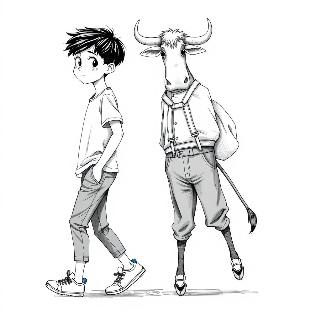 A detailed black and white drawing showcasing a 9-year-old boy with black hair, dressed in a casual t-shirt, pants, and sneakers