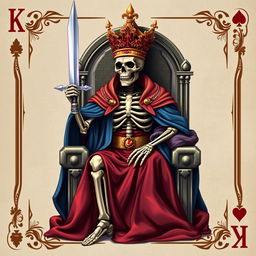 A full view illustration of a king playing card featuring a skeletal king