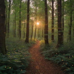 An enchanting forest in the glow of sunset, sprinkled with fireflies and humming with the gentle rustling of leaves.