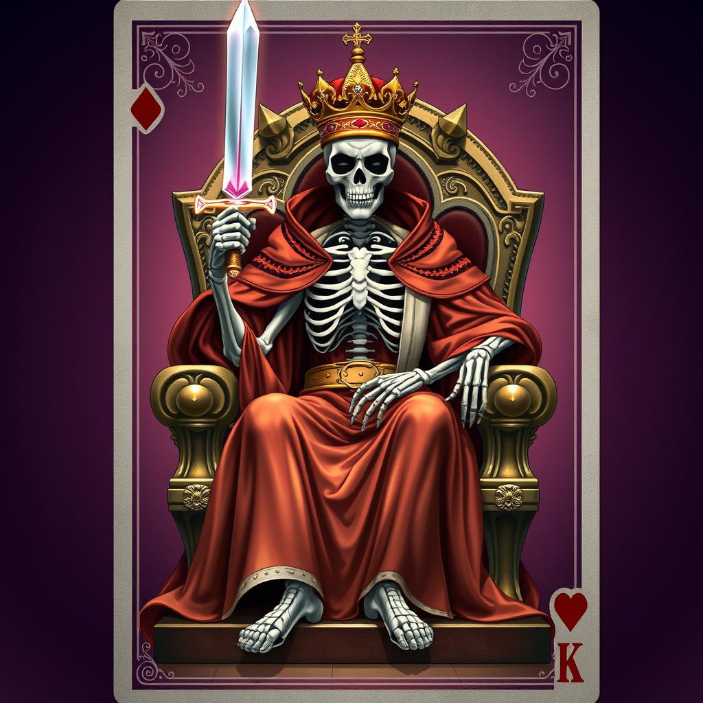 A full view illustration of a king playing card featuring a skeletal king