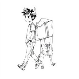 A detailed black and white drawing showcasing a 9-year-old boy with black hair, dressed in a casual t-shirt, pants, and sneakers