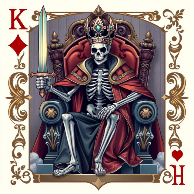 A full view illustration of a king playing card featuring a skeletal king design