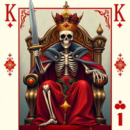 A full view illustration of a king playing card featuring a skeletal king design