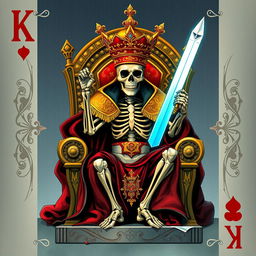 A full view illustration of a king playing card featuring a skeletal king design