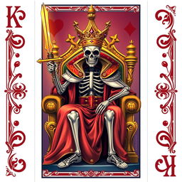 A full view illustration of a king playing card featuring a skeletal king design