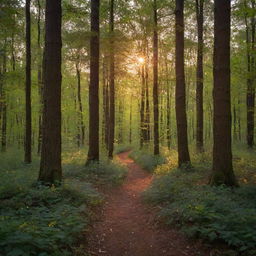 An enchanting forest in the glow of sunset, sprinkled with fireflies and humming with the gentle rustling of leaves.