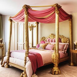 A bedroom designed like a princess's royal chamber, filled with luxurious fabrics, a four-poster bed, elegant furniture, and accents of gold and pastel colors.