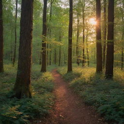 An enchanting forest in the glow of sunset, sprinkled with fireflies and humming with the gentle rustling of leaves.