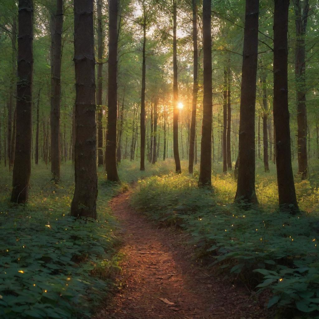 An enchanting forest in the glow of sunset, sprinkled with fireflies and humming with the gentle rustling of leaves.