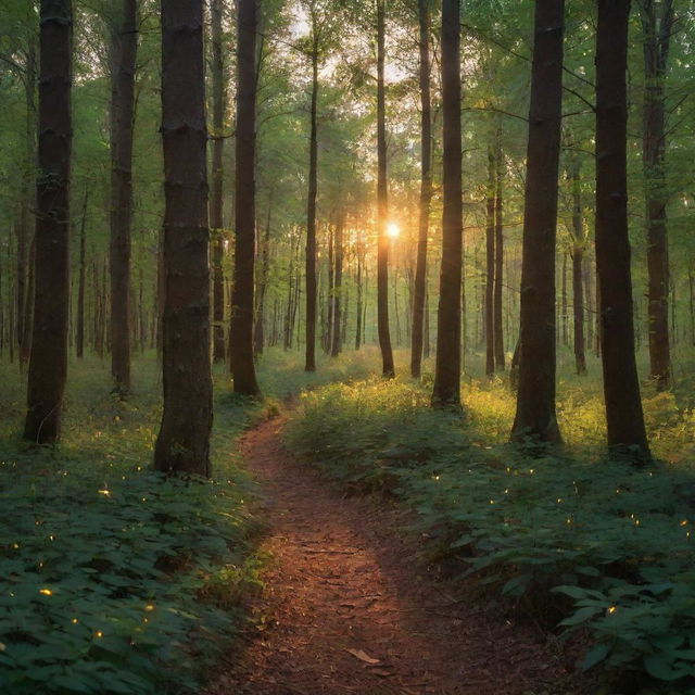 An enchanting forest in the glow of sunset, sprinkled with fireflies and humming with the gentle rustling of leaves.