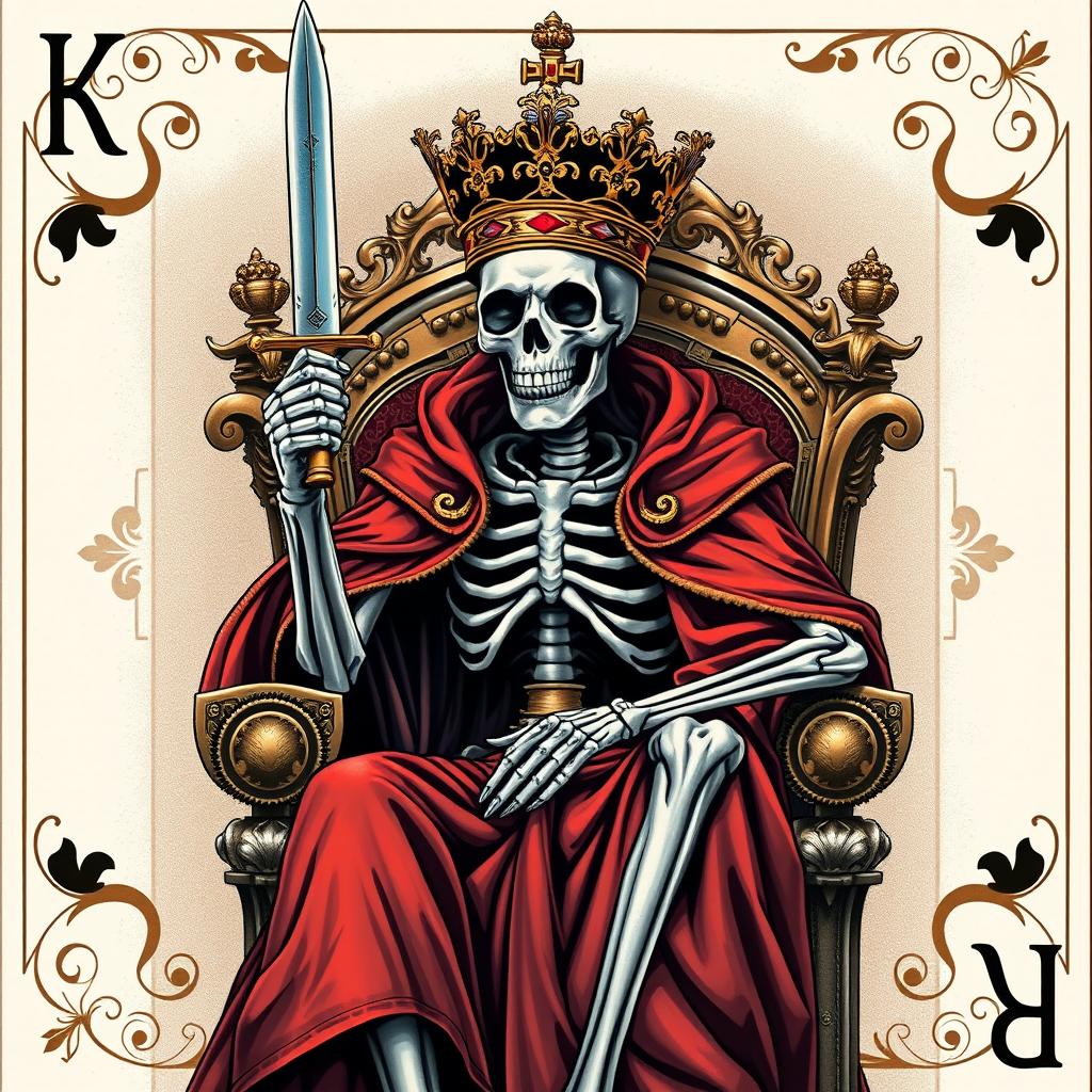 A full view illustration of a king playing card featuring a skeleton adorned with a regal cape, an ornate crown perched on its skull, and brandishing a gleaming sword while sitting on a majestic throne