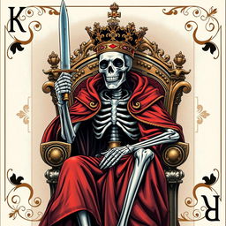 A full view illustration of a king playing card featuring a skeleton adorned with a regal cape, an ornate crown perched on its skull, and brandishing a gleaming sword while sitting on a majestic throne