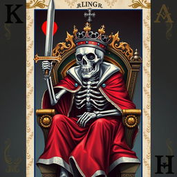 A full view illustration of a king playing card featuring a skeleton adorned with a regal cape, an ornate crown perched on its skull, and brandishing a gleaming sword while sitting on a majestic throne