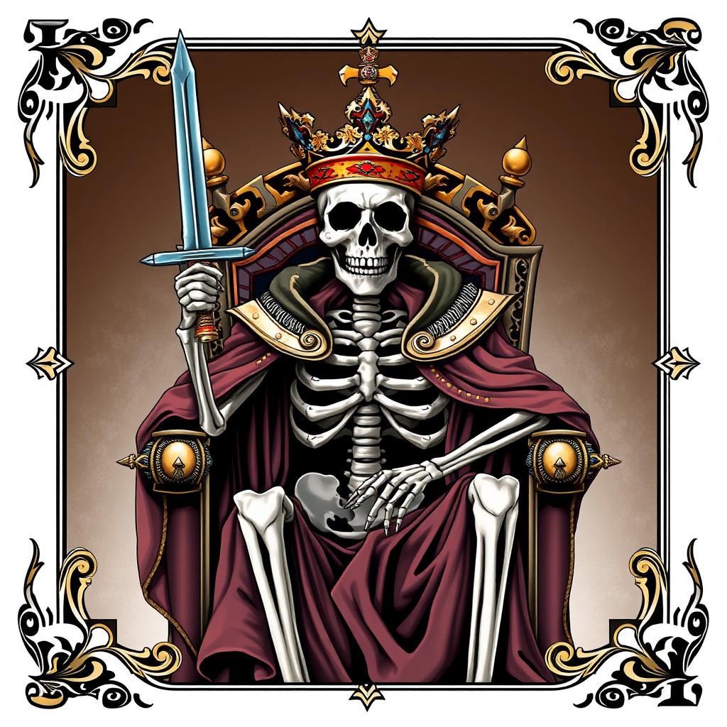 A full view illustration of a king playing card featuring a skeleton adorned with a regal cape, an ornate crown perched on its skull, and brandishing a gleaming sword while sitting on a majestic throne