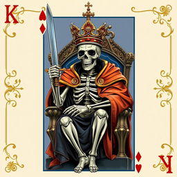 A full view illustration of a king playing card featuring a skeleton adorned with a regal cape, an ornate crown perched on its skull, and brandishing a gleaming sword while sitting on a majestic throne