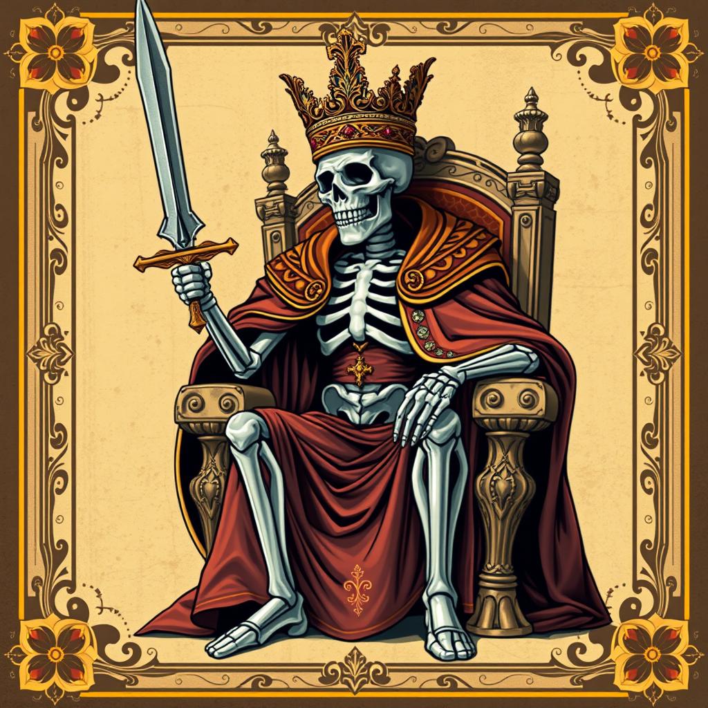 A full view illustration of a king playing card, featuring a striking skeleton king