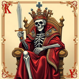 A full view illustration of a king playing card, featuring a striking skeleton king