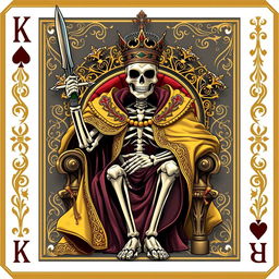 A full view illustration of a king playing card, featuring a striking skeleton king