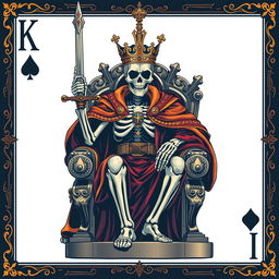 A full view illustration of a king playing card, featuring a striking skeleton king