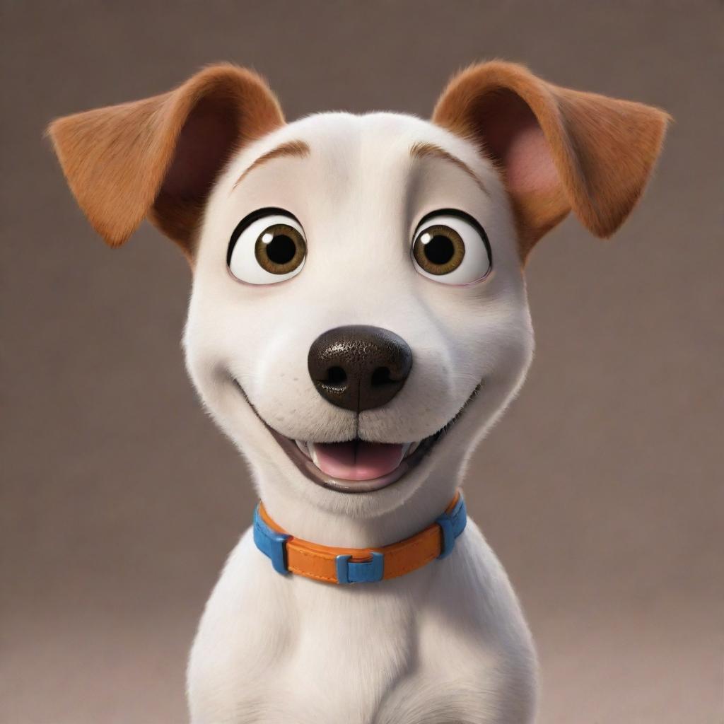 A friendly cartoon-like dog in the distinctive Pixar animation style, with brightly expressive eyes and a playful demeanor.