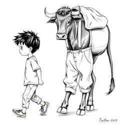 A detailed black and white drawing featuring a 9-year-old boy with black hair, wearing a t-shirt, pants, and straw-colored sneakers