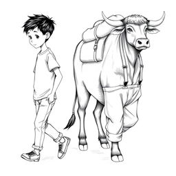 A detailed black and white drawing featuring a 9-year-old boy with black hair, wearing a t-shirt, pants, and straw-colored sneakers