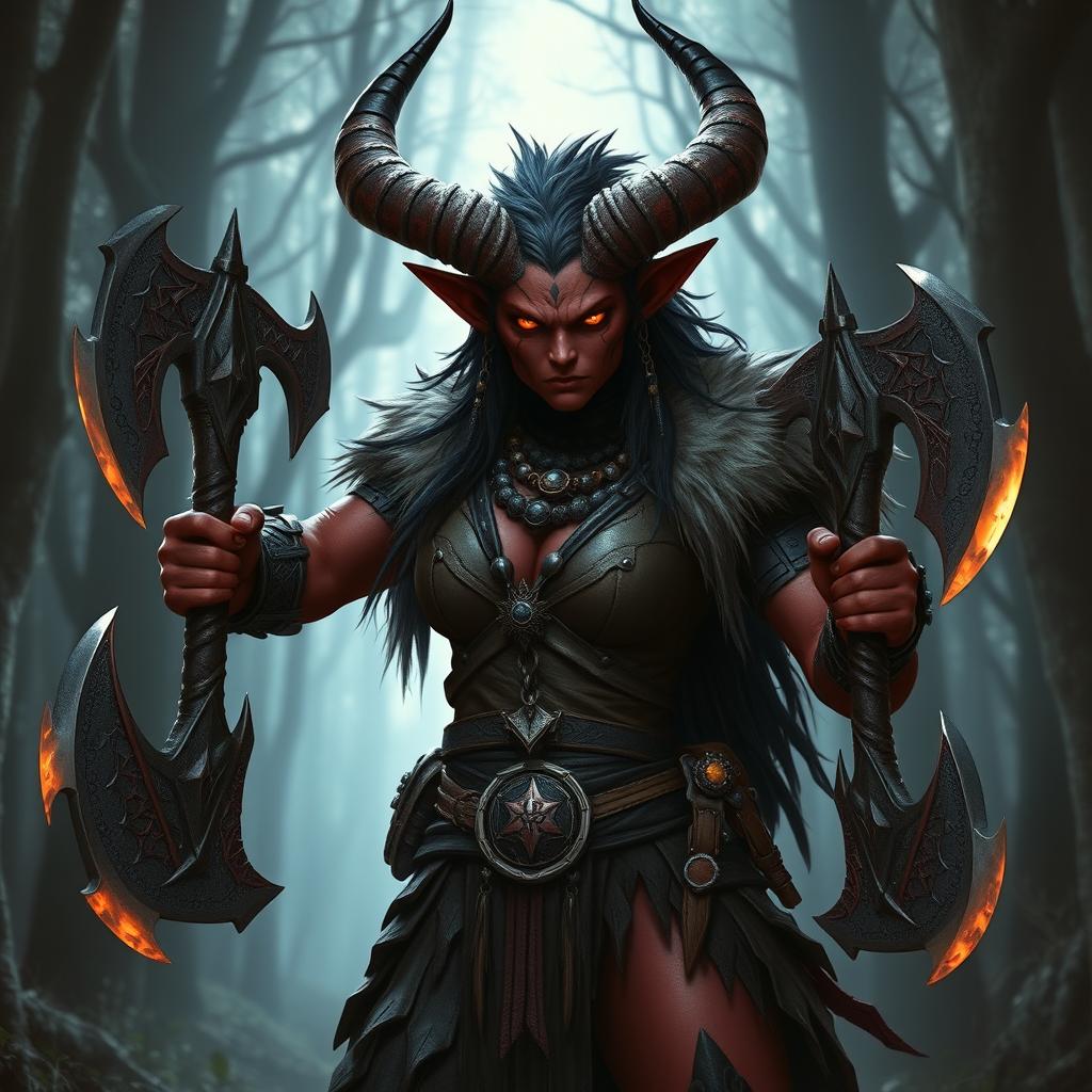 A fierce tiefling of Zariel heritage, standing proudly with dark red skin and large, majestic horns curling back from her forehead