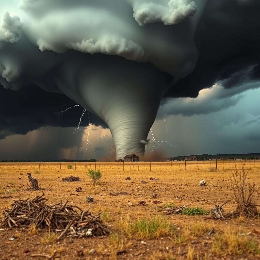 A dramatic depiction of an F5 tornado swirling powerfully over the Texas landscape, with dark, ominous storm clouds swirling in the sky