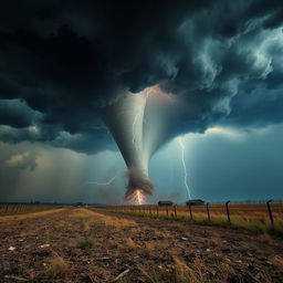 A dramatic depiction of an F5 tornado swirling powerfully over the Texas landscape, with dark, ominous storm clouds swirling in the sky