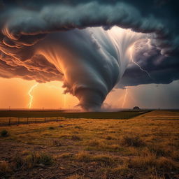 A dramatic depiction of an F5 tornado swirling powerfully over the Texas landscape, with dark, ominous storm clouds swirling in the sky