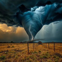 A dramatic depiction of an F5 tornado swirling powerfully over the Texas landscape, with dark, ominous storm clouds swirling in the sky