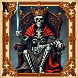 A full view illustration of a king playing card featuring a striking skeleton adorned with a majestic cape and an ornate crown, confidently seated on a royal throne