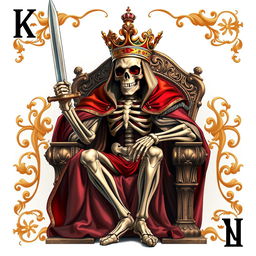 A full view illustration of a king playing card featuring a striking skeleton adorned with a majestic cape and an ornate crown, confidently seated on a royal throne