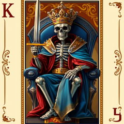 A full view illustration of a king playing card featuring a striking skeleton adorned with a majestic cape and an ornate crown, confidently seated on a royal throne