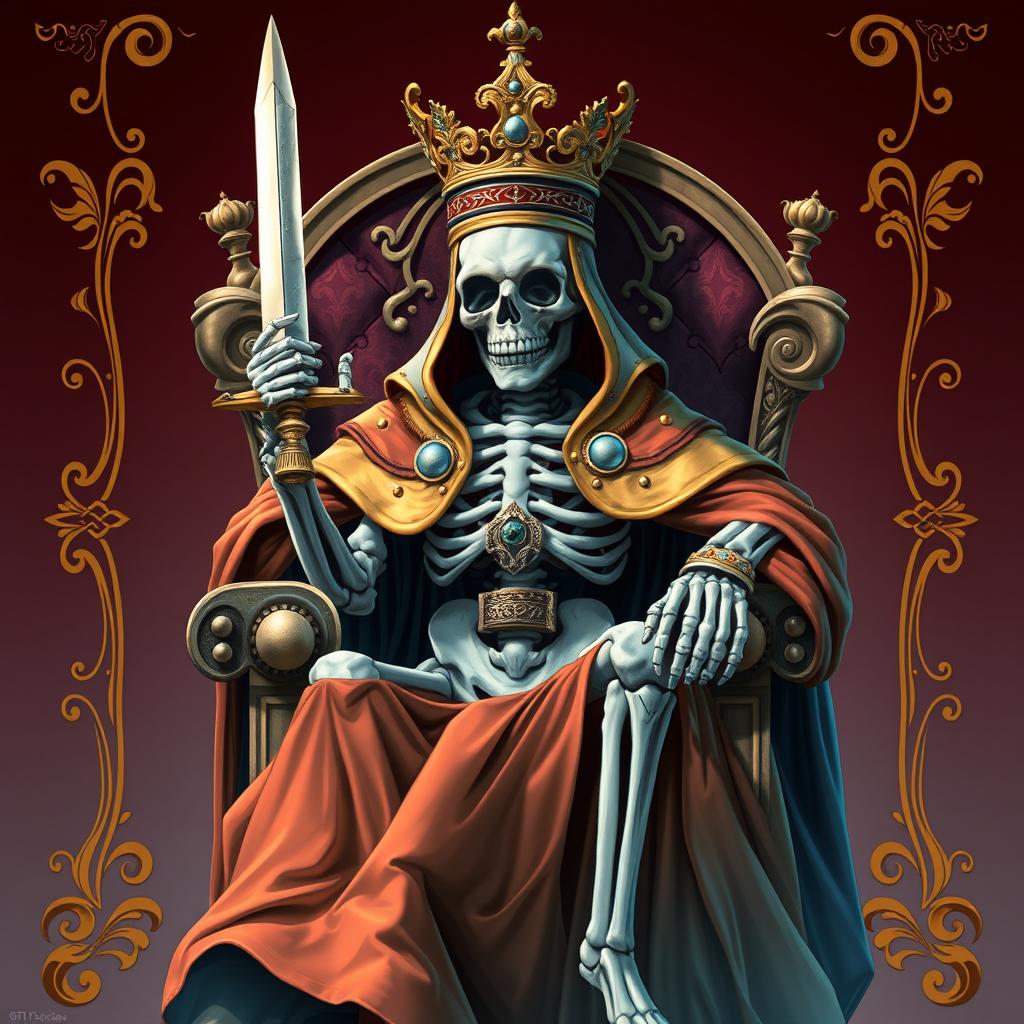 A full view illustration of a king playing card featuring a striking skeleton adorned with a majestic cape and an ornate crown, confidently seated on a royal throne